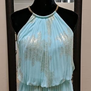 Sz 8 aqua/turquoise blouson dress w/ gold accents